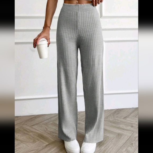 Pants - Women's Rib Knitted Straight High Waist Knit Pant